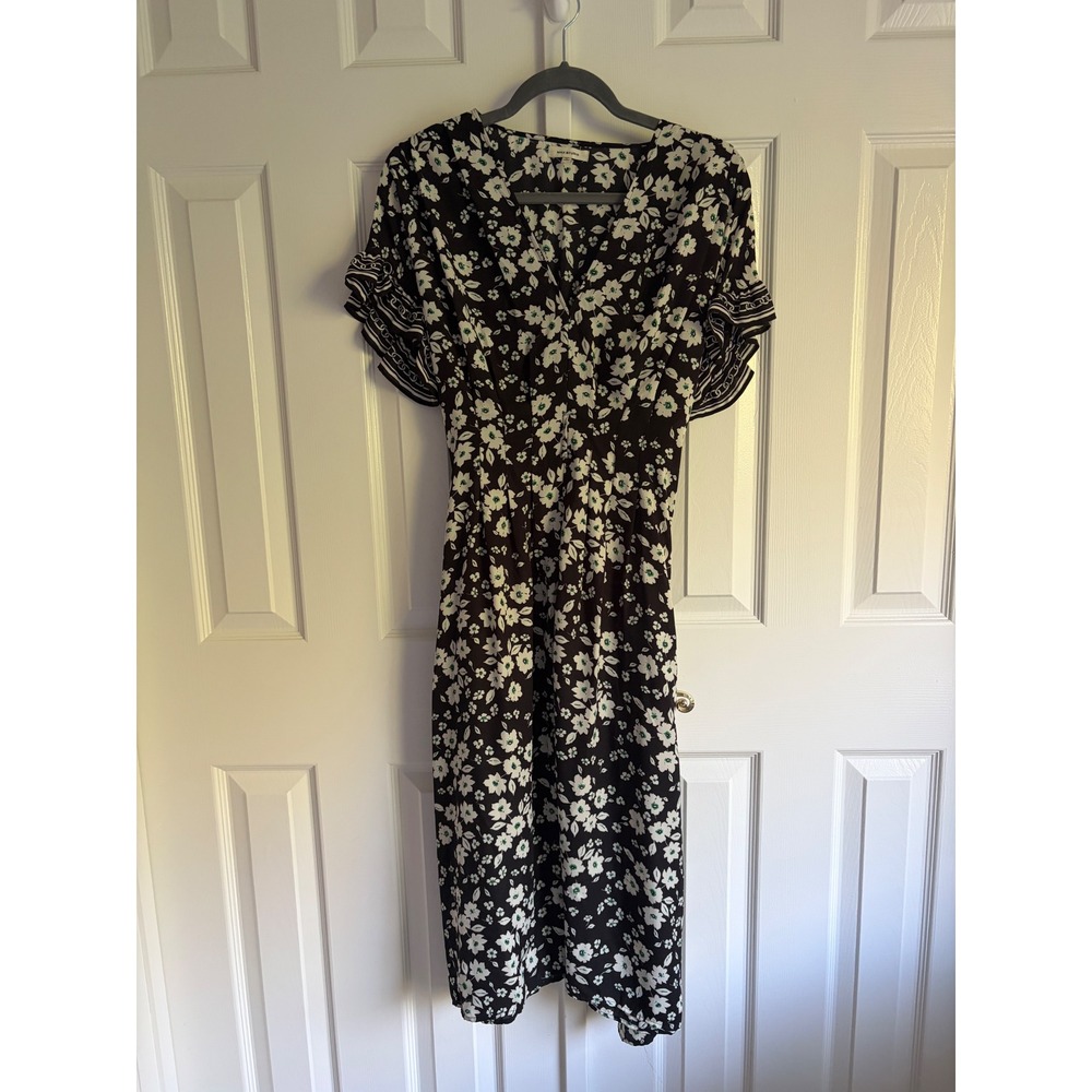 Max Studio Midi Dress M Black Floral Ruffle Sleeve CottageCore Parisian Romantic
